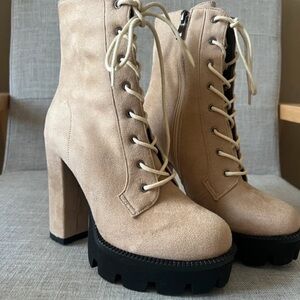 Beige Lace-Up Platform Ankle Boots with Chunky Lug Sole